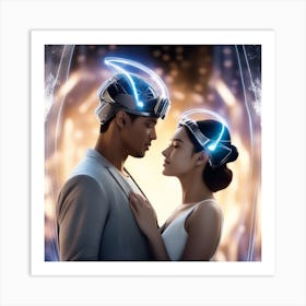 Man And Woman In A Futuristic Helmet Art Print