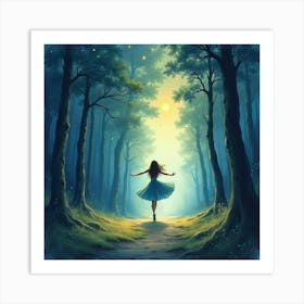 Watercolor Scene Of Dancer In A Dreamy Starlit Forest 1 Art Print