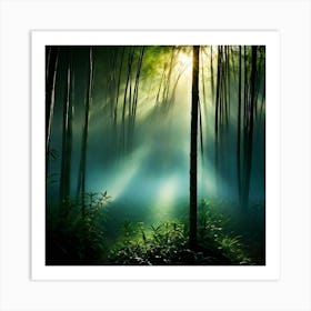 Bamboo Forest At Twilight Individual Stalks Catching The Last Rays Of Sunlight Casting Long Shadow Art Print