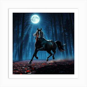 Horse Galloping In The Forest At Night 1 Art Print