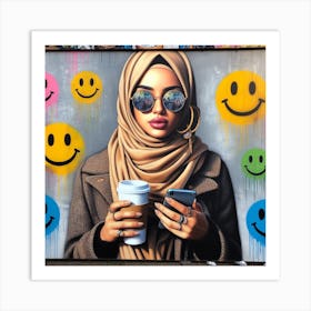 Coffee and Confidence - Realistic Painting of a Woman with Hijab and Sunglasses Art Print