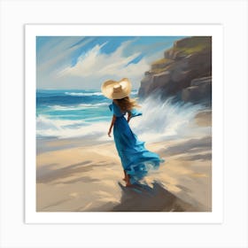 Girl In Blue Dress On The Beach Art Print