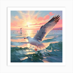 Seagull Soaring Near The Pale Blue Sea Capturing The Essence Of A Hot Sunny Day Through Pastels Art Print