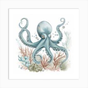 Cute Storybook Style Octopus Blue & White  2 Art Print