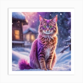 A Purple Cat Sitting In The Snow Art Print