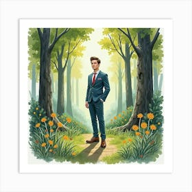 Charming Man In Watercolor Suit, Magical Forest Glade 1 Art Print