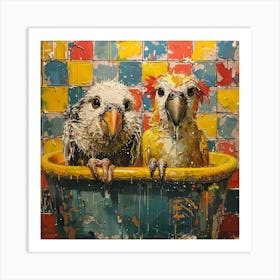 Two Parrots In A Tub Art Print