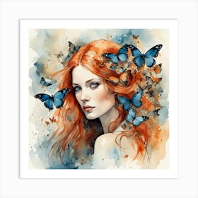 Red Haired Girl With Butterflies IV Art Print