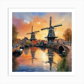 Sketching Amsterdam S Windmills At Sunset, Capturing The Essence Of Dutch Life Style Windmill Sunset Impressionism Art Print 2 Art Print