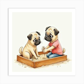 A Pug And A Child Playing In A Sandbox, Watercolor 1 Art Print