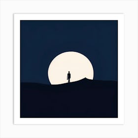 Full Moon and alone woman art print, A Single Fluid Line Forming A Silhouette Art Print