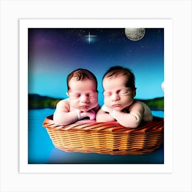Babies floating in basket under stars Art Print