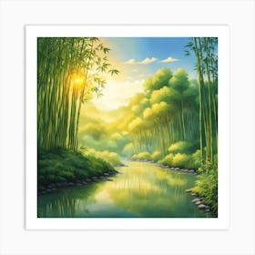 A Stream In A Bamboo Forest At Sun Rise Square Composition 343 Art Print