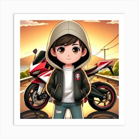 Boy Standing In Front Of Motorcycle Art Print