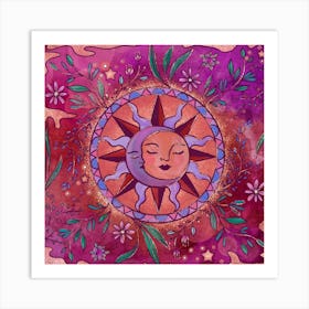 Flowery Moon And Sun Square Art Print