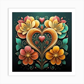 Abstract art of exotic flowers with vibrant abstract hearts in their designs, hearts, 5 Art Print