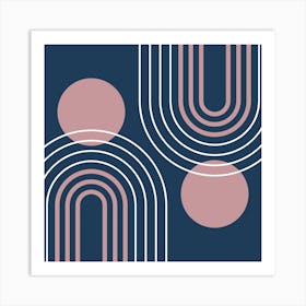 Mid Century Modern Geometric B28 In Navy Blue And Rose Gold (Rainbow And Sun Abstract) 02 Art Print