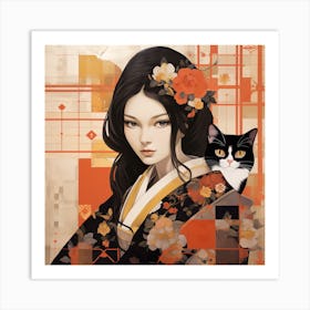 Asian Woman With Cat Art Print