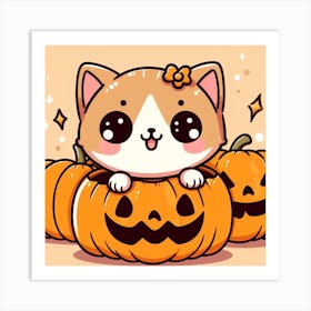 Cute Halloween Cat in a Pumpkin Kawaii Cartoon Anime Styled Art Print