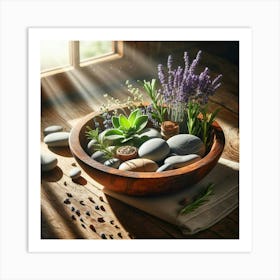 Wooden Bowl With Stones And Lavender Art Print