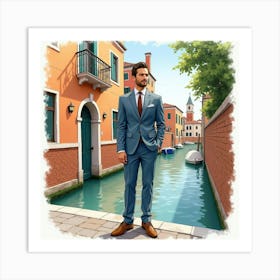 Sophisticated Man In Watercolor Suit, Charming Canal Scene 1 Art Print