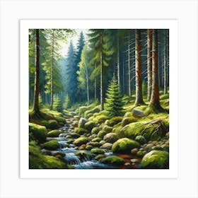 Stream In The Forest, Acrylic Painting Style 15 Art Print