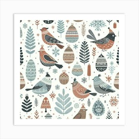 Scandinavian style, pattern with cones and birds 3 Art Print