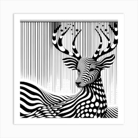 "Monochrome Majesty" is an op-art piece that explores the visual interplay between nature and geometric abstraction. This piece presents a majestic stag, rendered in stark black and white, its form interwoven with hypnotic patterns that challenge the viewer's perception. Stripes and dots cascade across the figure, blending seamlessly with the background's linear rainfall, creating a rhythmic optical illusion. Ideal for modern interiors, art enthusiasts, or those seeking a statement piece that marries wildlife art with a mesmerizing, graphic twist. This art is a conversation starter, evoking the beauty of the natural world through a sophisticated and eye-catching design. Own "Monochrome Majesty" and let your space resonate with contemporary elegance and artistic flair. Art Print
