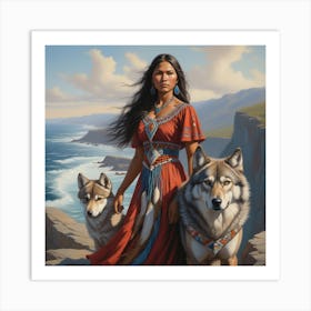 Native woman and wolves Art Print