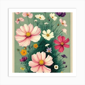 Cosmos 3 Floral Botanical Vintage Poster Flower Art Print Cosmos Art Print