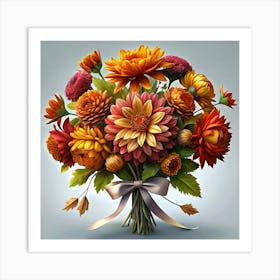 Bouquet Of Autumn Flowers With A Silver Ribbon Art Print