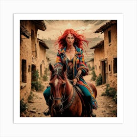 Redhead Rider: Captivating Ukiyo-e-inspired Portrait in a Countryside Setting 1 Art Print