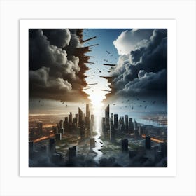 Broken city wit h dark clouds hovering over it with hope on the other side Art Print