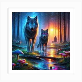 Mystical Forest Wolves Seeking Mushrooms and Crystals 10 Art Print