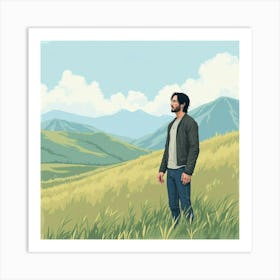 Keanu Reeves In A Tranquil Watercolor Landscape With Distant Mountains Art Print