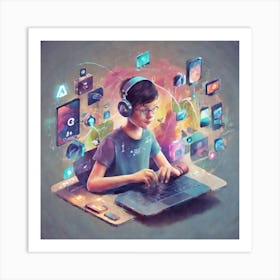 Boy Using A Laptop 2 Art Print