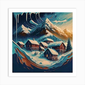 Abstract painting of a mountain village with snow falling 9 Art Print