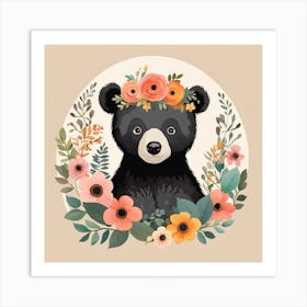Floral Baby Black Bear Nursery Illustration (33) Art Print