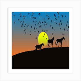 Horses and Birds with sunset Art Print