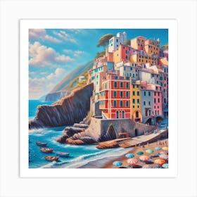 Cinque Terre Art: A Realistic and Colorful Painting of a Beach Scene with a Lot of Details and Textures Art Print