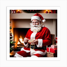 Santa Claus Sitting In Front Of The Fireplace Art Print