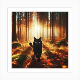Ai Black Cat Autumn Tree Forest 1 Art Print