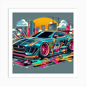 Jaguar F-Type Vehicle Colorful Comic Graffiti Style with cat , sun and city Art Print