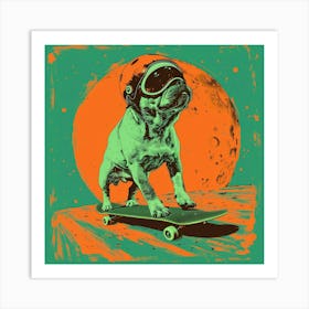 Skateboarding bulldog on the moon, lithography art print Art Print