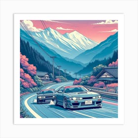 Japanese cars drifitng down a mountain pass Art Print