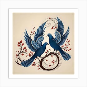 Two Pigeons On One Branch, Blue, Brown and Brick Red Art Print