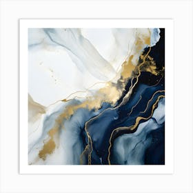 Luxury Abstract Fluid Art – Navy Blue, White, and Gold Marble Effect Art Print