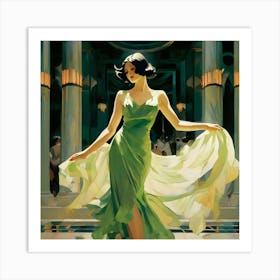 Dancing Elegant Lady In Green Dress Art Print