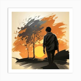 Man Walking At Sunset Art Print