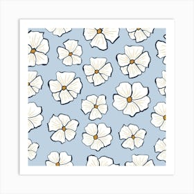 White Flowers On A Blue Background Art Print